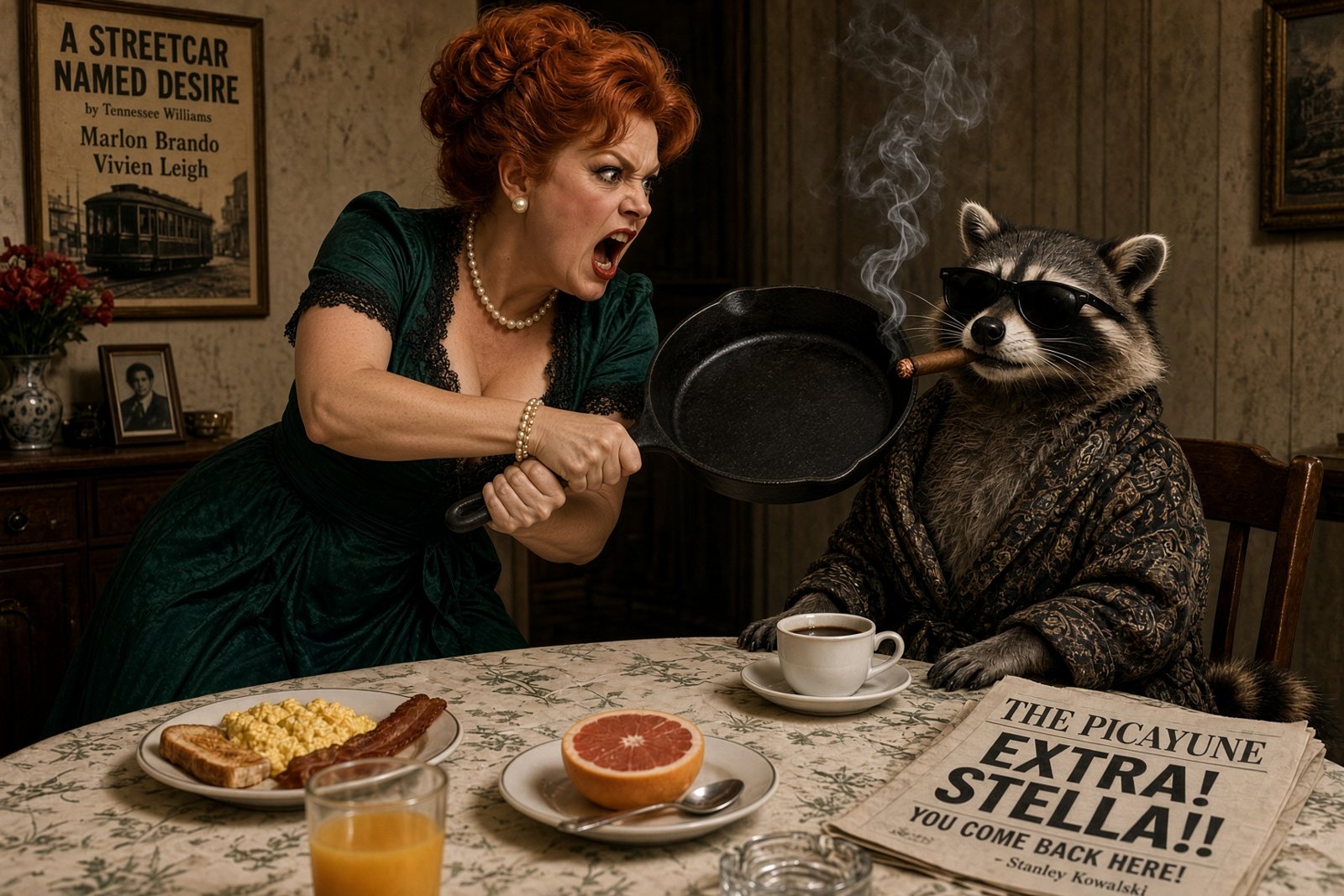 Illustration: a red-haired woman in a green dress swings a cast-iron skillet at a raccoon in sunglasses at a breakfast table, beside a newspaper headline reading Extra! Stella!